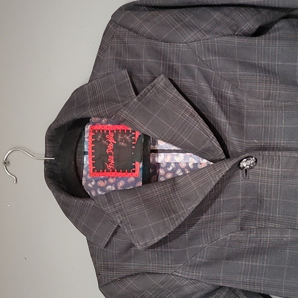 Free People Women's Gray Plaid Blazer Paisley Stripe Tail Size 2 - Picture 2 of 6